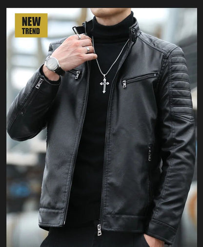 Men's Fleece Lined Biker Jacket Stand Collar Casual Versatile Spring Autumn Leather Coat for Students Fashionable Outerwear