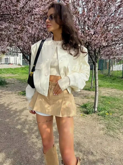 Woman Bomber Jacket Coat White Autumn Winter Button Baseball Aviator Cropped Jackets for Women Long Sleeve Crop Outerwear