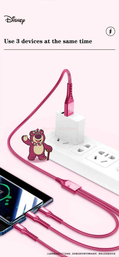 Cabo de Carregamento 3 em 1 Disney Cabo de Dados de Carregamento Rápido Morango Ursinho Pooh Frozen para Micro Tipo-c Carregador USB Lightning