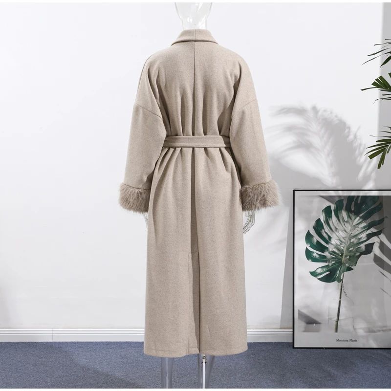 2025 Chic Lapel Plush Coat With Belt Women Vintage Solid Faux Fur Sleeve Tweed Open Coats Female Autumn Casual Street Outwear