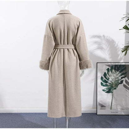 2025 Chic Lapel Plush Coat With Belt Women Vintage Solid Faux Fur Sleeve Tweed Open Coats Female Autumn Casual Street Outwear