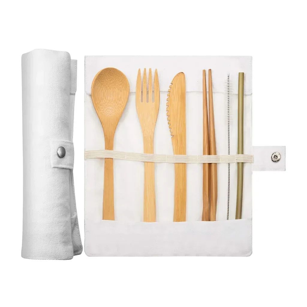 Conjunto Portátil de Talheres Reutilizáveis de Bambu Garfo Faca Colher de Madeira com Estojo de Viagem Utensílios de Cozinha Ecológicos