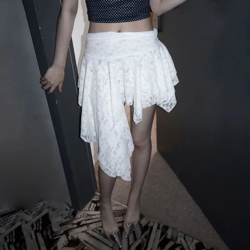 French Style Layered Lace Midi Skirt with Asymmetric Hem White Elegant Semi Formal Women Skirt Unique Design