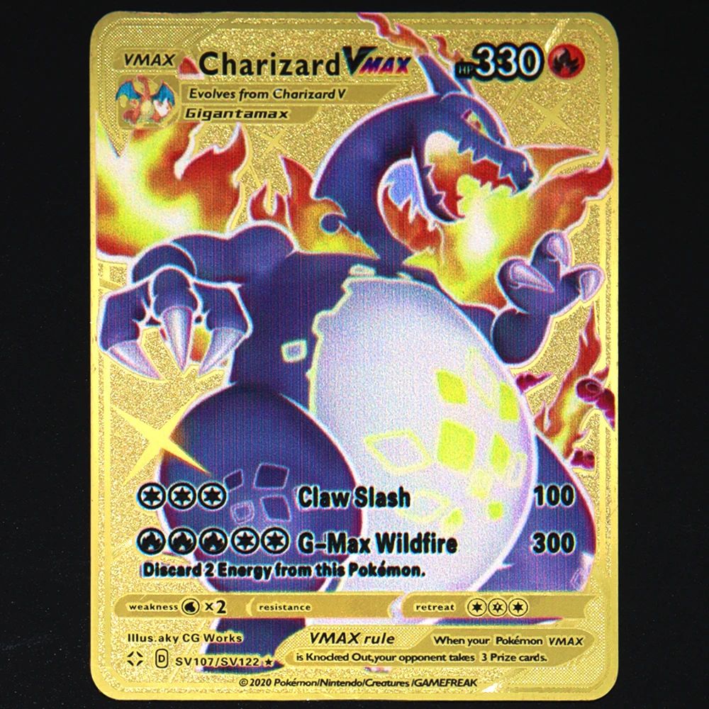 Pokémon 183200 Pontos Alto HP Cartas de Metal Douradas Pretas Inglês Francês Vmax Mega GX Coleção de Cards Charizard Pikachu Mewtwo