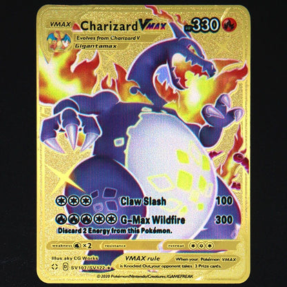 Pokémon 183200 Pontos Alto HP Cartas de Metal Douradas Pretas Inglês Francês Vmax Mega GX Coleção de Cards Charizard Pikachu Mewtwo