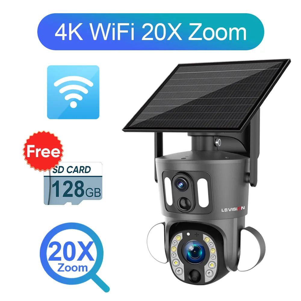 LS VISION 4K 20X Optical Zoom Dual Screen Solar Camera Outdoor 8MP 4G/WiFi PTZ Dual PIR Detection Auto Tracking Security Cameras