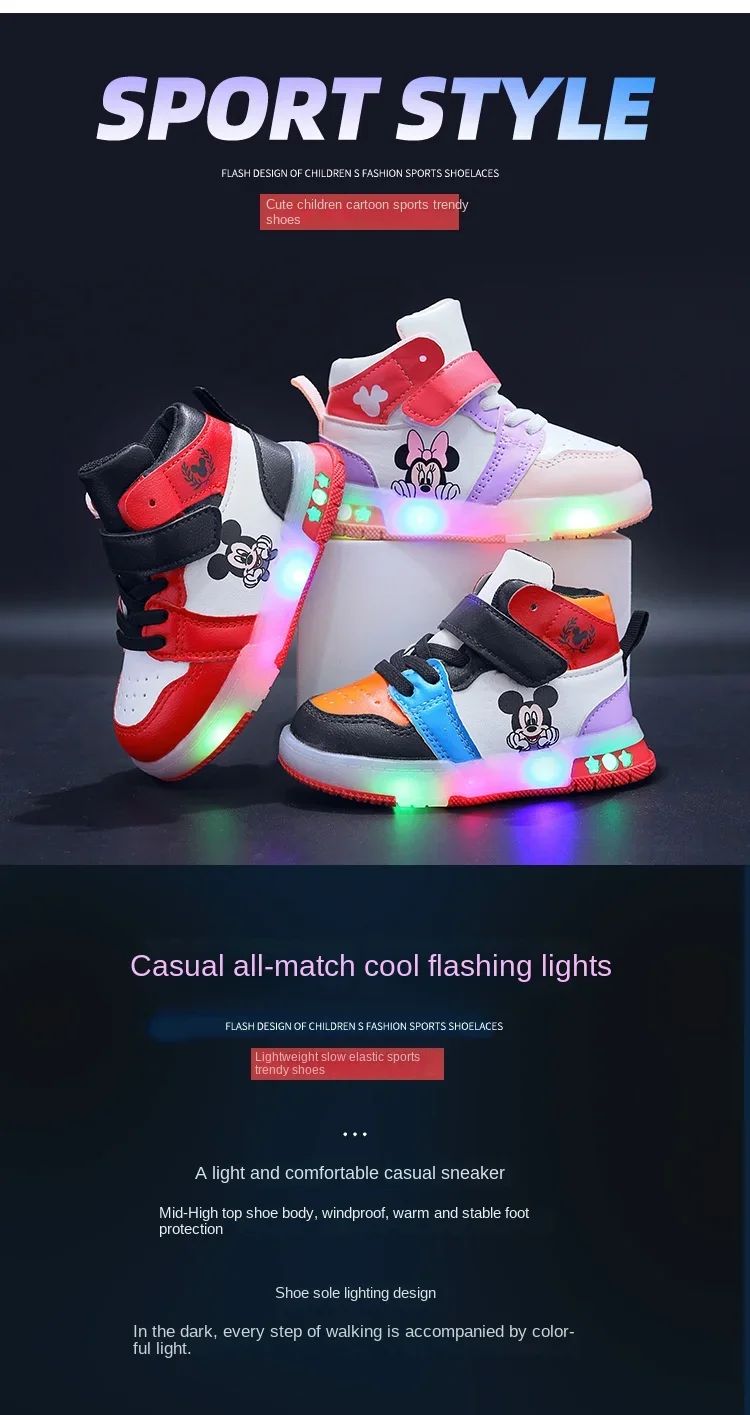 2024 Disney Children's Led Light Shoes Fashion Mickey Mouse Boys Sneakers Girls Cartton Casual Shoes Breathable Kids Sport Shoes