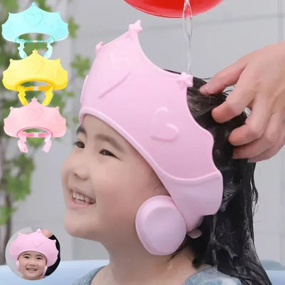 Chapéu de banho de borracha macia ajustável à prova d'água para bebês, proteção auricular infantil, xampu seguro para crianças, chapéu de bebê padrão coroa