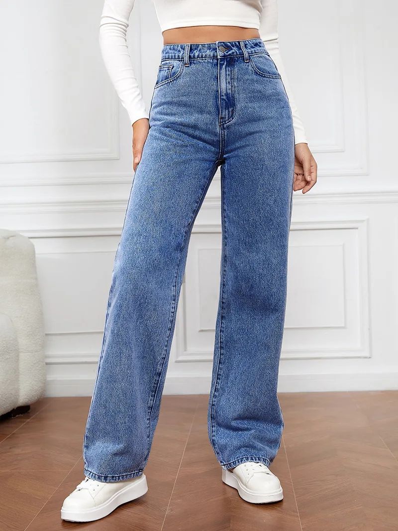 High Waist Straight Leg Jeans for Women New Style Cross-Border High Waist Slim Fit Long Jeans Trendy Women's Denim Pants