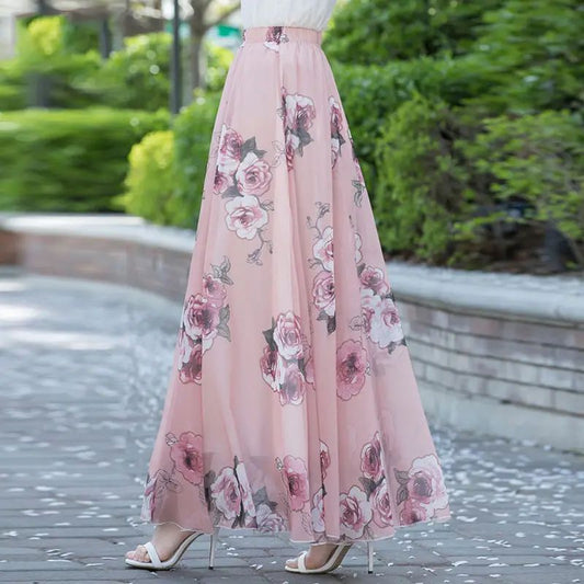 Chiffon Floral Maxi Summer Skirt Women Long High Waist Holiday Dance Skirt Elegant Beach Boho Hot Sale Lady Vintage Girl Fairy
