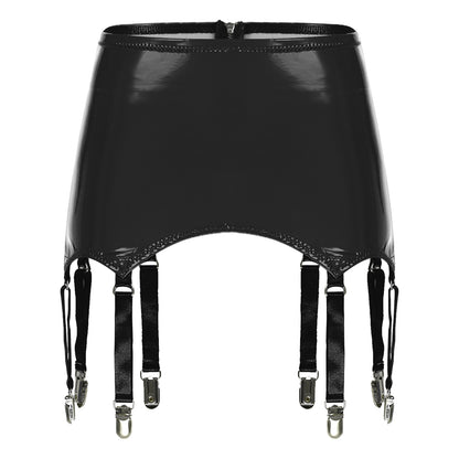 Womens Garters Latex Skirts Ladies Suspender Belt Wet Look Patent Leather Mini Skirts Garters with Metal Clips Clubwear Costume