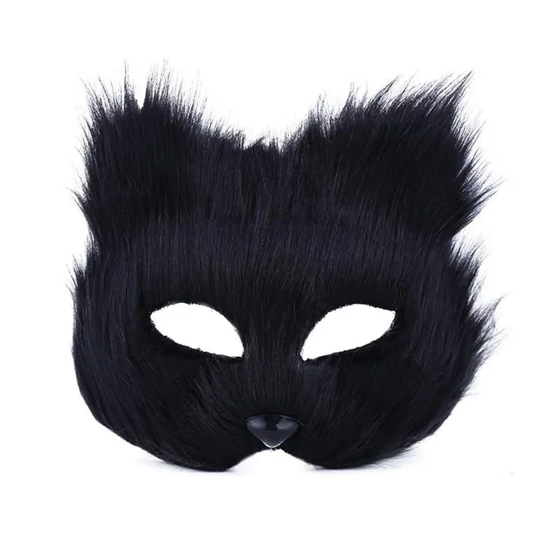 QQ Fluffy Fur and Face Mask Cosplay Halloween Fox Shape Half Face Eye Mask Sexy Cat Hair Animal Mask Christmas Carnival Party Co