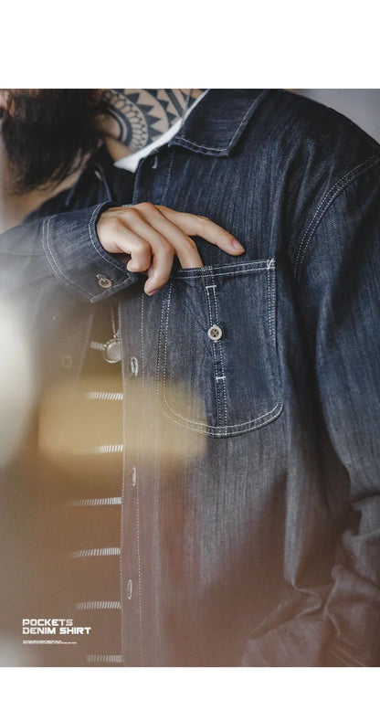 Maden Vintage Washed Pockets Denim Shirt for Men Casual Button Down Long Sleeve Shirt Male Loose Workwear Tops Large Pocket