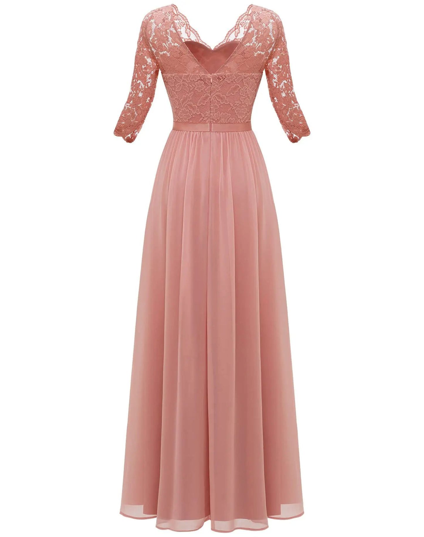 New 6-Color 5-Size Lace Splicing Long Waist-Cinching Elegant Dress Floor-Length V-Neck Polyester Fiber Evening Gown Dress