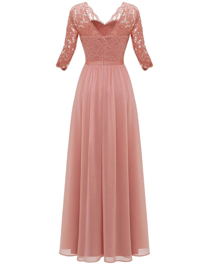 New 6-Color 5-Size Lace Splicing Long Waist-Cinching Elegant Dress Floor-Length V-Neck Polyester Fiber Evening Gown Dress