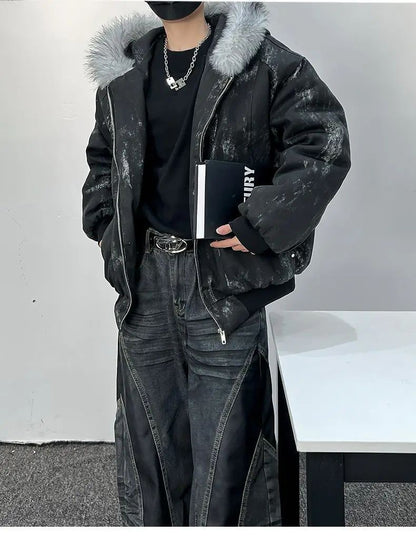 Cotton jacket with fur collar eagle embroidered and tie-dyeed winter men's design outdoor jacket thick and comfortable