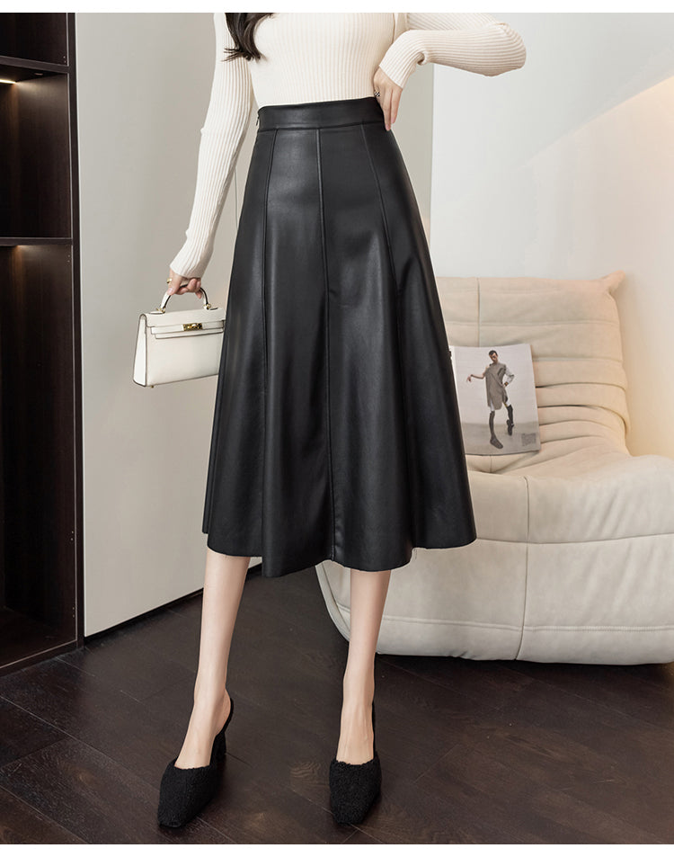 Seoulish Black Faux PU Leather Women's A-Line Skirts 2023 New Autumn Winter High Wasit Solid Chic Umbrella Office Skirts Female