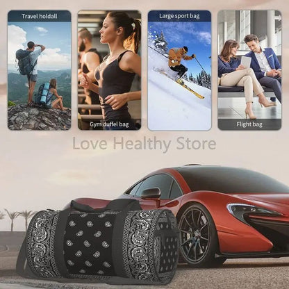 Colorful Paisley Black Bandanna Border Scarf White Sports Gym Bag Couple Large Capacity Fitness Bag Portable Luggage Handbag