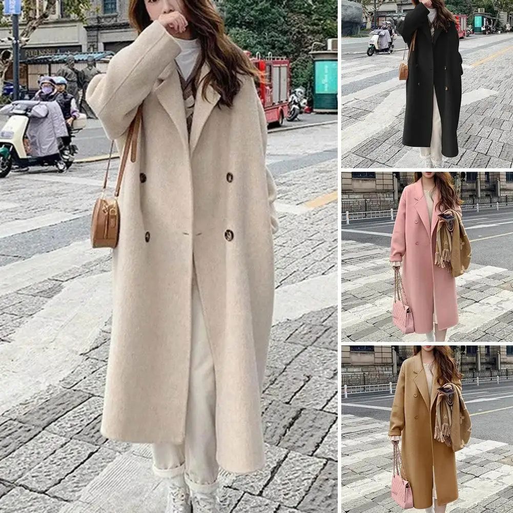 Women Coat Double-Breasted Mid-length Outerwear Lapel Stylish Warm Mid-Length Double Pockets Winter Coat Lady Accessories