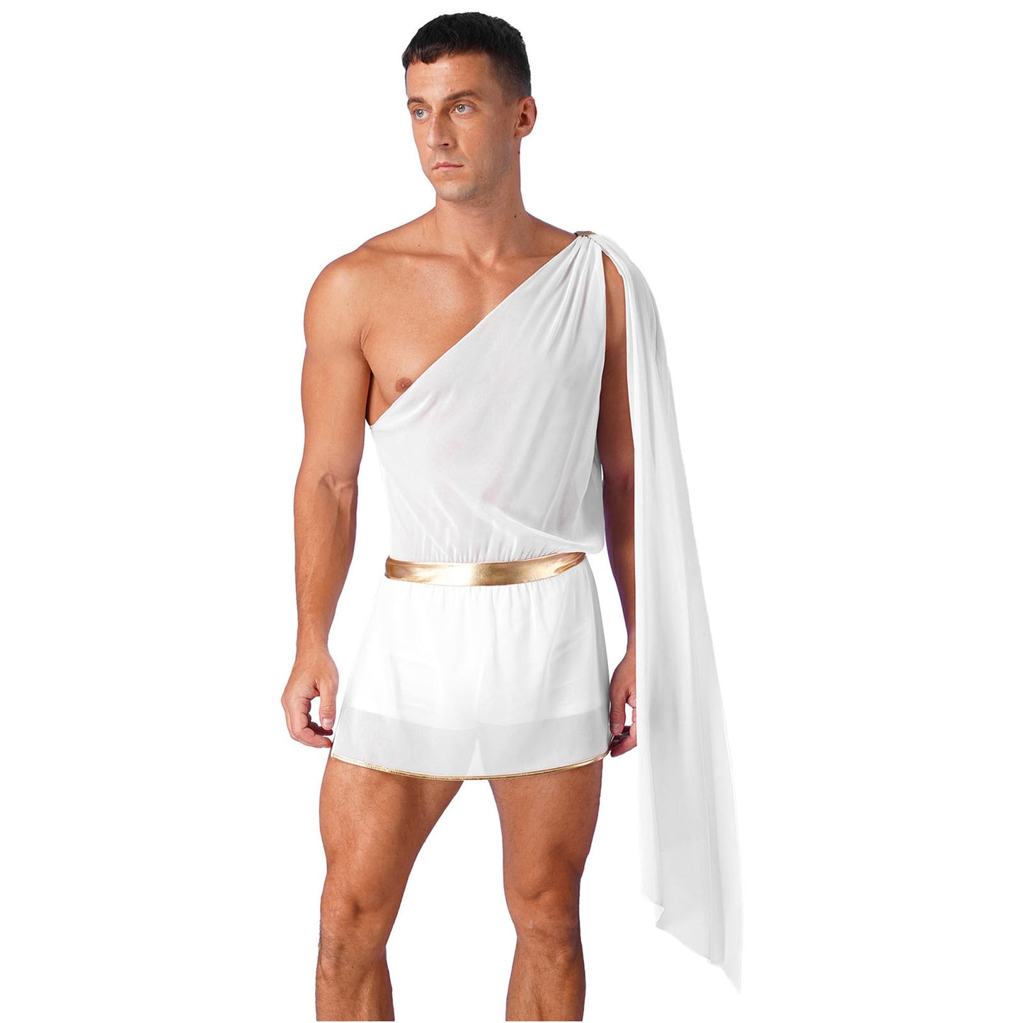 Greek God Costume White Men Mr Toga Cosplay Costumes One Shoulder with Slit Skirts Tunic Jumpsuit Nightclub Carnival Dress Up
