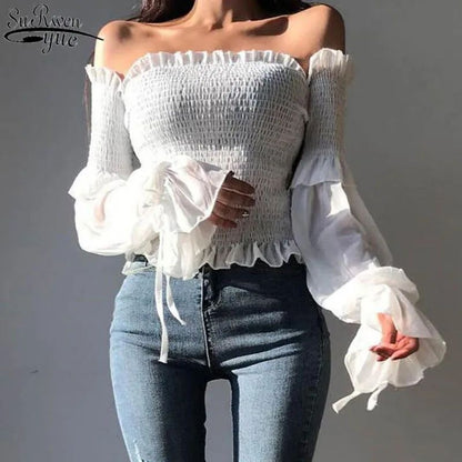 Sexy Puff Long Sleeve Ruffles Blouse Office Lady Buttons Women White Shirts V Neck Elegant Shirt Woman Fashion Female 26550
