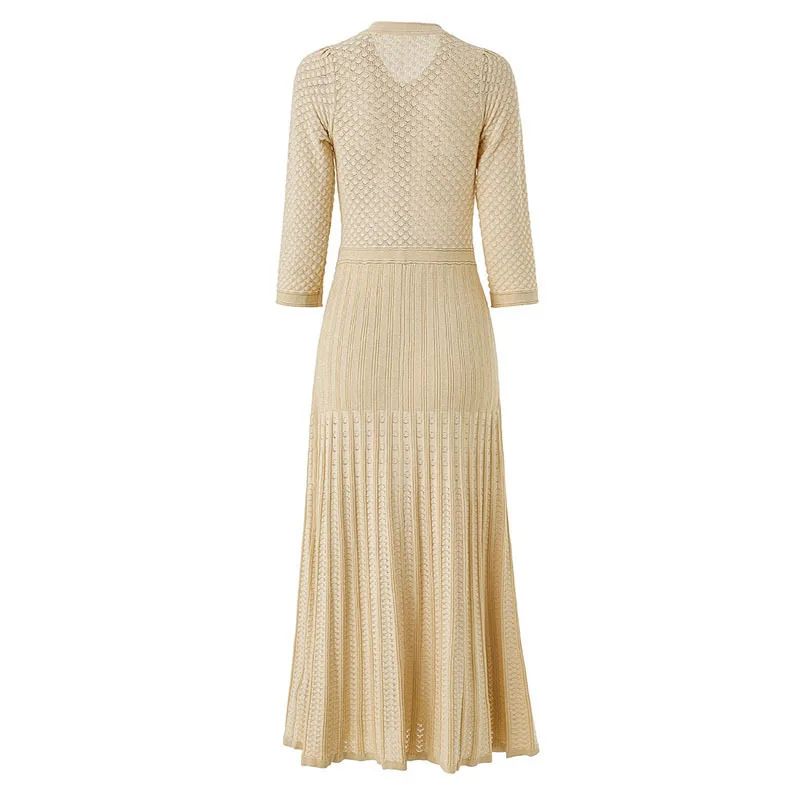 Hollow out Long Knitted Summer Dress round Neck Seven Sleeve Bodycon Skirt Slimming Effect Empire Waist Maxi Dress