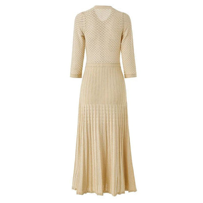 Hollow out Long Knitted Summer Dress round Neck Seven Sleeve Bodycon Skirt Slimming Effect Empire Waist Maxi Dress