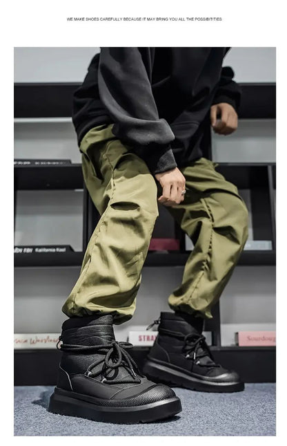 Work Style Snow Boots for Men Women Plus Fleeces Warm Winter Boots High Top Thick Soled Lace Up Black Plush Couple Cotton Shoes