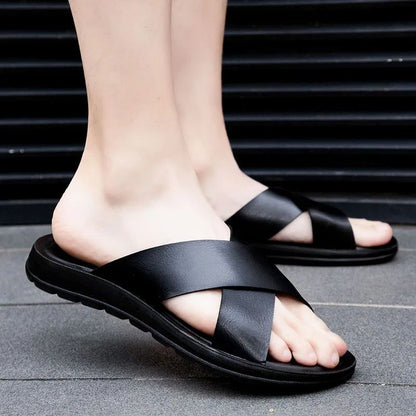 Men Shoes New  Summer Shoes Italian Leather Slippers Men High Quality Size 38-47 Beach Slip on Flats Man Flip Flops Mens Sandals