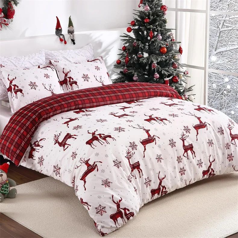 Merry Christmas Duvet Cover Christmas Elk Snowflakes Red Bedding Set Happy New Year Quilt Cover Holiday Gifts Bedroom Decoration
