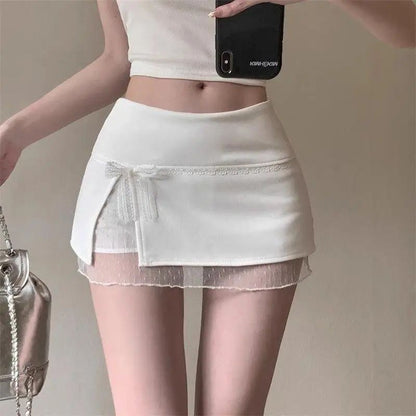 Mini Skirts Women Patchwork Lace Bow Hotsweet Summer A-Line Skirt with Safety Pants Fashion Side Slit Bodycon 2025 Lady Skirts