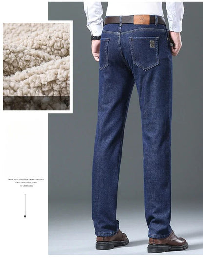 Calça Jeans Masculina de Lã Aveludada, Inverno, Forrada com Lã Grossa, Casual de Negócios, Reta, Jeans, Macia, Confortável, Térmica, Elástica, Calças Masculinas