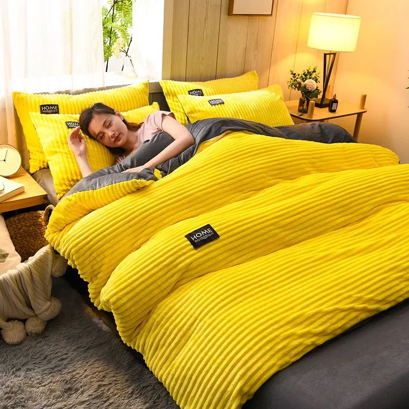 Milk Velvet Winter Thick Bed Set Double Sided Solid Color Flannel Corduroy Duvet Cover Set Winter Warm Bedding Sheet  220×240CM
