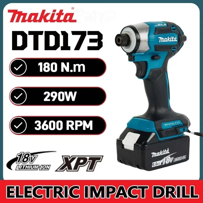 Parafusadeira de Impacto Sem Fio Makita 18V LXT DTD173 Motor Brushless Furadeira Elétrica Parafusadeira Madeira/Parafuso Modo T1/T2 Luz LED Dupla 180 N·m