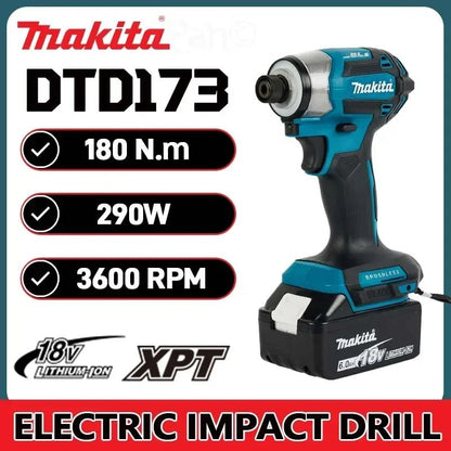 Parafusadeira de Impacto Sem Fio Makita 18V LXT DTD173 Motor Brushless Furadeira Elétrica Parafusadeira Madeira/Parafuso Modo T1/T2 Luz LED Dupla 180 N·m
