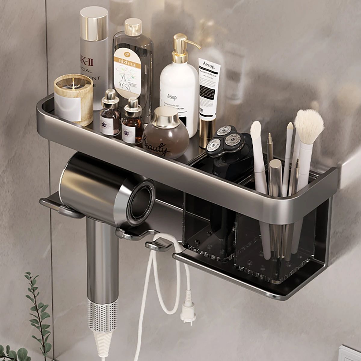 Wall Mounted Hair Dryer Holder Storage Shelf Hairdryer Rack Organizer Bathroom Accessories No-Drilling Shower Shelf Aluminum
