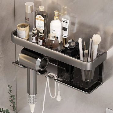 Wall Mounted Hair Dryer Holder Storage Shelf Hairdryer Rack Organizer Bathroom Accessories No-Drilling Shower Shelf Aluminum