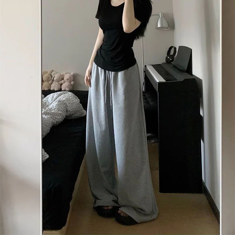 Wide Leg Sweatpants for Women Elastic Waist Casual Sport Pants Woman Streetwear Gray Oversize Sportswear Female