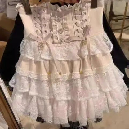 Japanese Lolita Lace Layered Skirt Women Anime High Waist Maid Style Sweet Ruffle Cake Skirt Kawaii Harajuku A-Line Mini Skirt