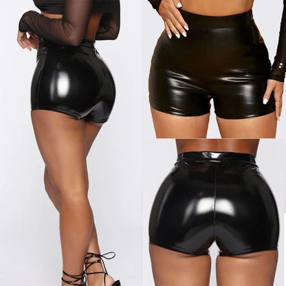 Sexy Women Oily Shiny Faux Leather Shorts Tight Black Pants Seductive Nightclub Party Wear High Waist Mini Shorts Costumes 2025