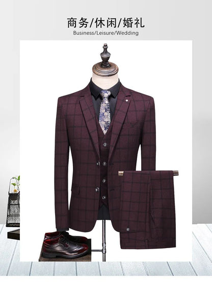 Suit (blazer+vest+pants) Man Fashion Business British Grid Trend Style Casual Hosting Slim Wedding Work Conjunto Hombre