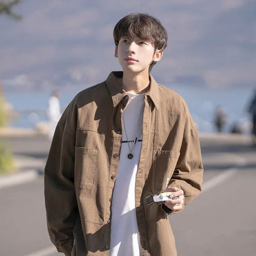 Japanese Series Men's Shirts Casual Vintage Cargo Jacket Top Spring Autumn Solid Blouses Single Breasted Male Clothes Streetwear