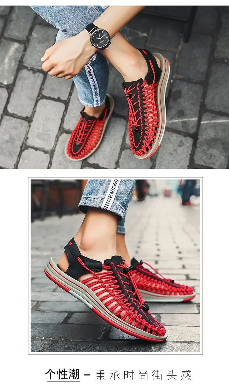 Summer Men Sandals Women Slippers Weaving Design Beach Sandals Breathable Casual Flat Sandals Outdoor Couples Sandals Size 48