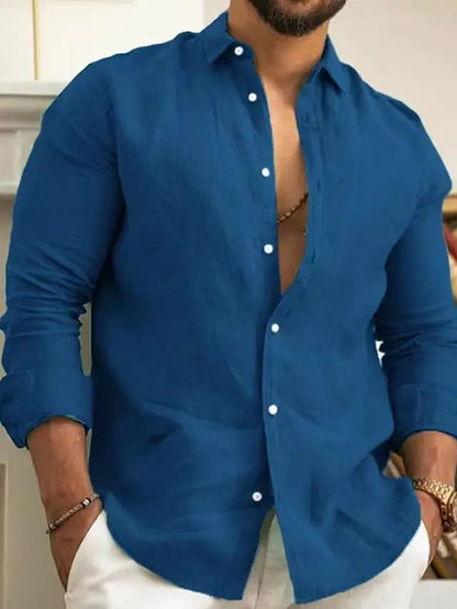 Men's Solid Cotton Linen Long Sleeve Shirt Youth Slim Fit Lapel Tops Casual Handsome Luxury Stylish Shirts & Blouses