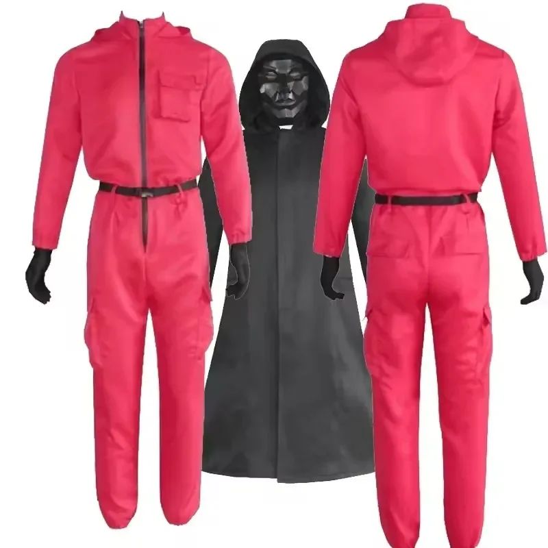 Adult Calamari Game Costume Guard Cosplay Jumpsuit Outfit Teenagers Tracksuit Hooded Overall Belt Gloves Mask Set Halloween
