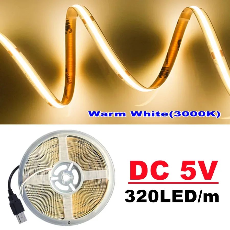 DC5V COB LED Light Strip With USB Power Supply Light 320LED/m High-Density Flexible LED Lamp 3000K/4500K/6500K COB Light Strip