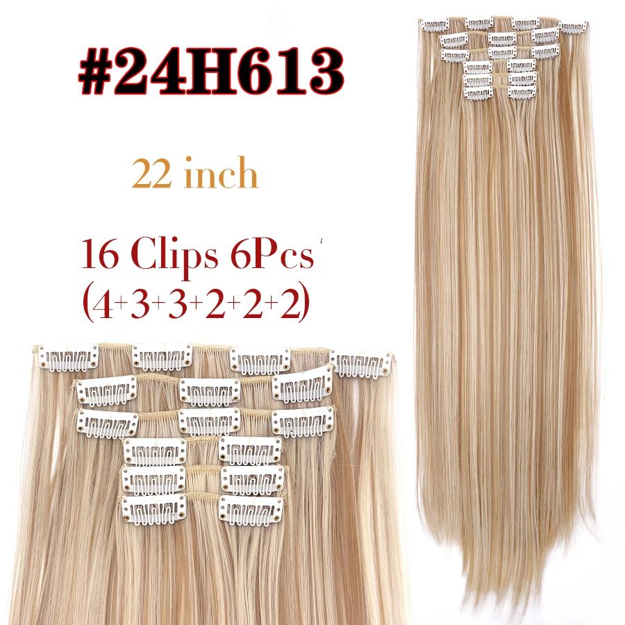 22 Polegadas Sintético Cabelo Liso Longo 16 Clipes 6 Peças/Conjunto Apliques de Cabelo Loiro Preto Resistente ao Calor Para Mulheres
