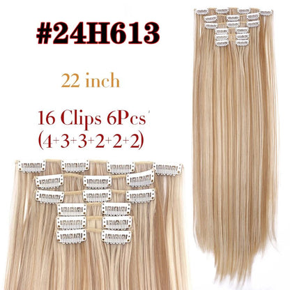 22 Polegadas Sintético Cabelo Liso Longo 16 Clipes 6 Peças/Conjunto Apliques de Cabelo Loiro Preto Resistente ao Calor Para Mulheres