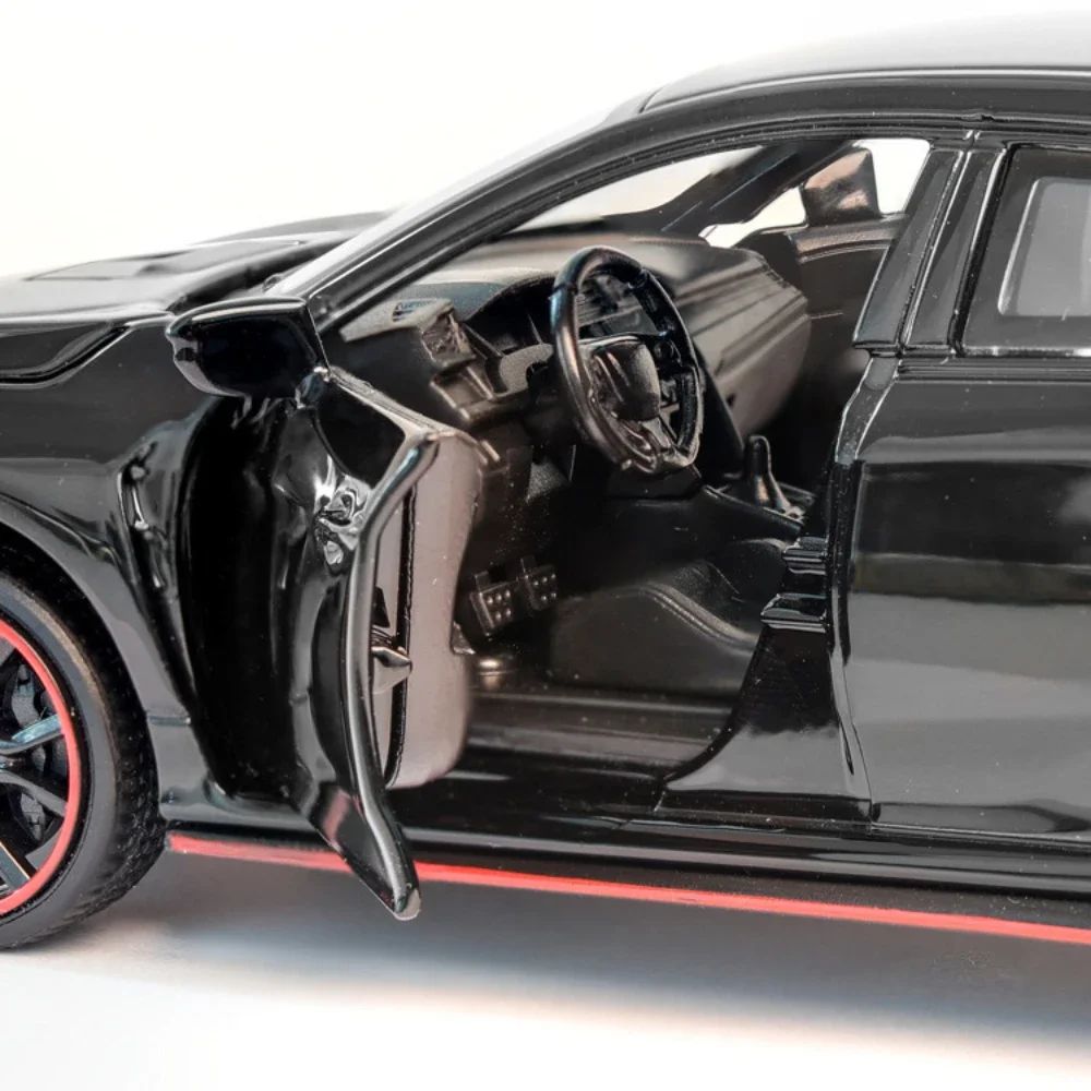 Carrinhos de brinquedo Honda Civic Type-R em liga metálica, escala 1:32, modelos fundidos com som e luz, veículos em miniatura, presentes de aniversário para crianças e adultos