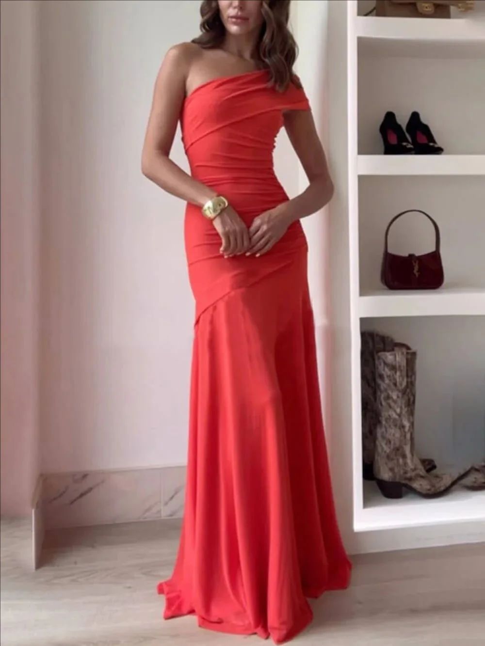 Pure Color Asymmetrical Collar Bared Back Bodycon Dress Cross-Border 2025 Women's Fashion Sleeveless Long Evening Gown